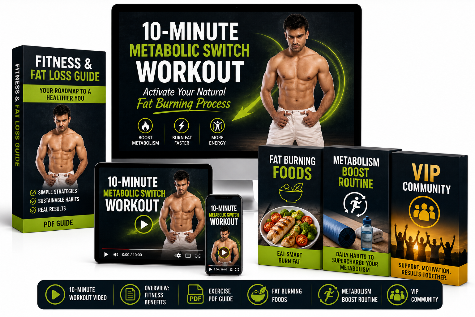 The 10-Minute Metabolic Switch bundle on desktop, tablet and mobile with three bonus guides